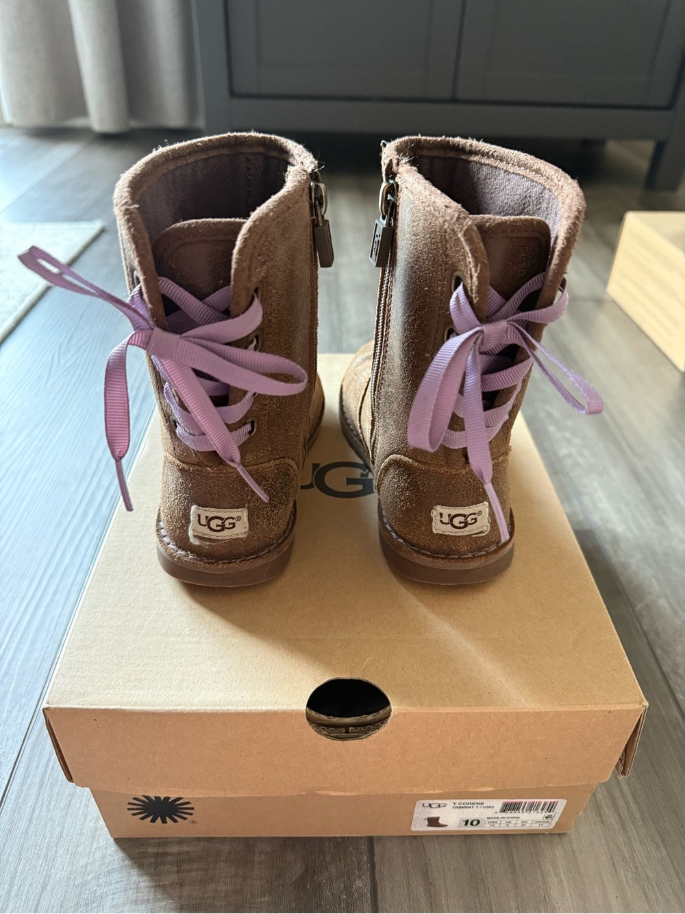 UGG Kids Brown Suede Boots with Lavender Laces